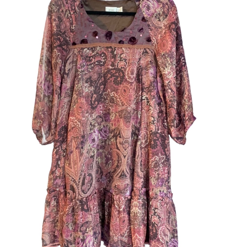 Burgundy Paisley Print Boho Mini Dress 3/4 Sleeve Chiffon Flowy